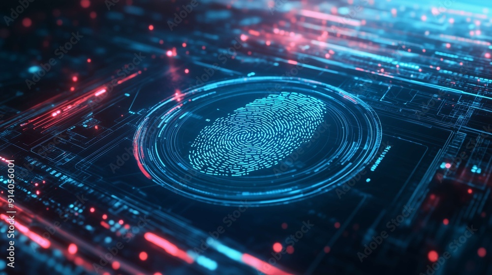 Poster digitalization of a fingerprint with futuristic scanning technology, symbolizing the future of cyber