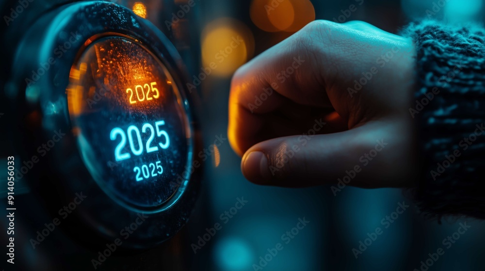 Wall mural pressing a futuristic 2025 button symbolizing a new beginning and hope for change. glow hints at pro