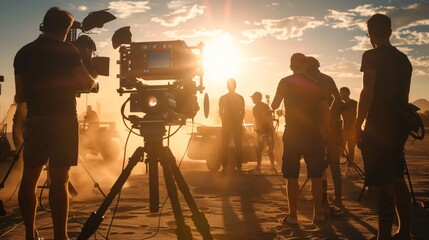 Fototapeta premium Film crew works in a desert at sunset, capturing a cinematic moment with teamwork and creativity