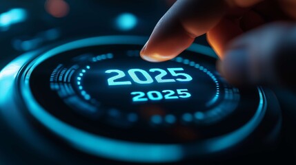Businessman kicks off 2025 by pressing a virtual button on a futuristic interface, symbolizing innovation and progress in business
