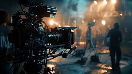Professional digital cinema camera on a film set, recording a scene with actors and many crew members working in the background