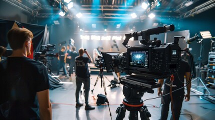 Professional film crew is working on a movie set, capturing footage with a high-end cinema camera. The set is alive with activity as the crew collaborates to create a compelling scene