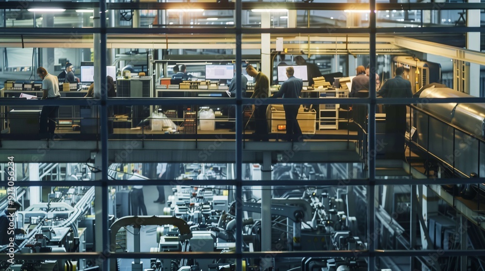 Poster high angle view from inside a factory where a team of engineers is working late at night, supervisin