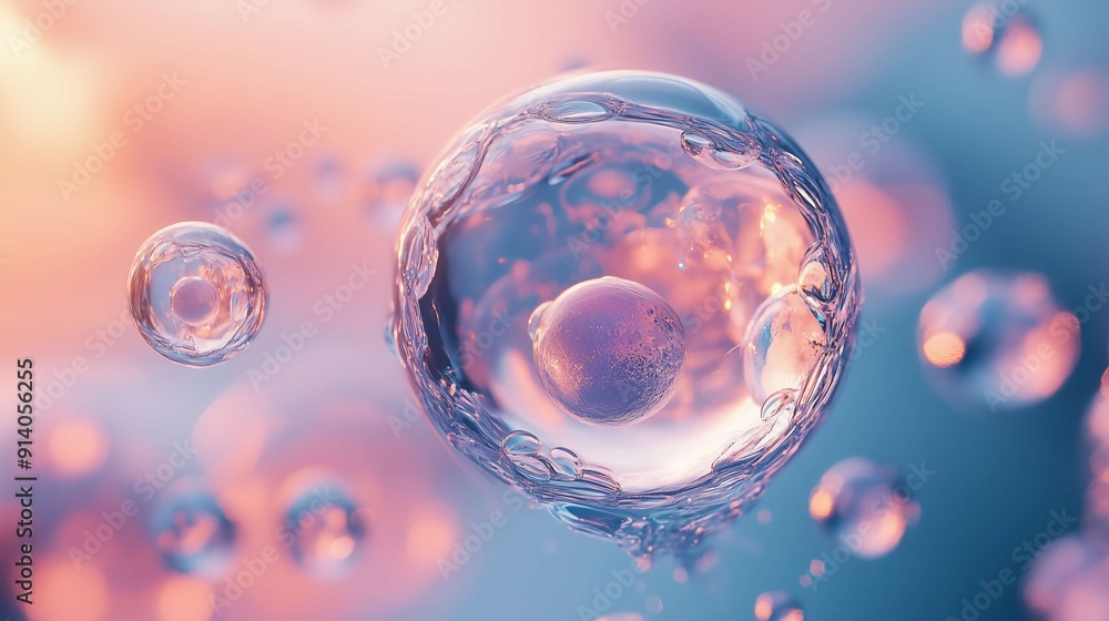Poster abstract image of a transparent sphere containing a smaller sphere, representing a cell, suitable fo