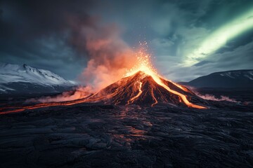 Red hot lava is erupting from the crater of a volcano, creating a glowing river of molten rock flowing over the barren landscape