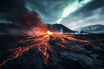 Witness the mesmerizing sight of molten lava flowing from an erupting volcano, set against the backdrop of the stunning aurora borealis lighting up the night sky in iceland