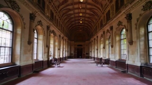 A spacious, historic hallway with ornate architecture and elegant decor