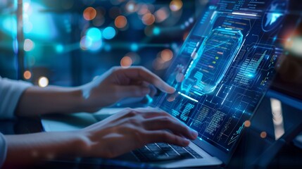 Software developer is analyzing holographic code displayed on a futuristic, transparent computer screen. The image evokes innovation and cutting-edge technology