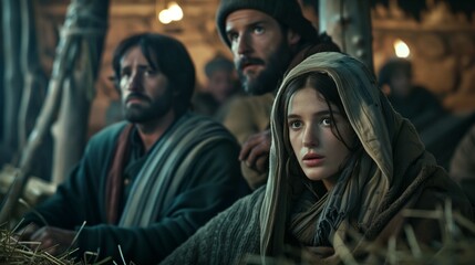 Diverse group of people in a cozy barn, listening intently, creating a rustic and authentic atmosphere. The scene is filled with community and togetherness, evoking hope and faith