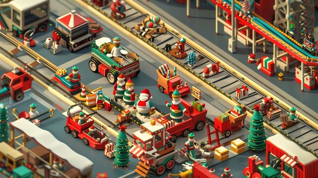 Isometric 3d illustration of santa claus supervising christmas elves working in a toy factory full of production lines, trucks and gifts