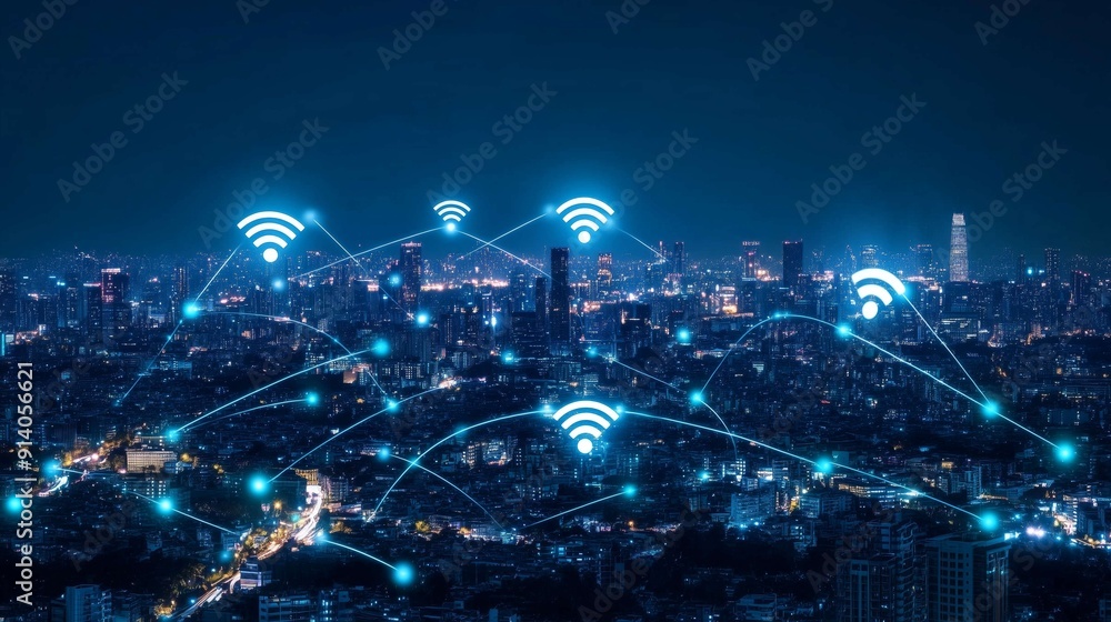 Poster illuminated cityscape at night with glowing network connection lines and wifi symbols, representing 