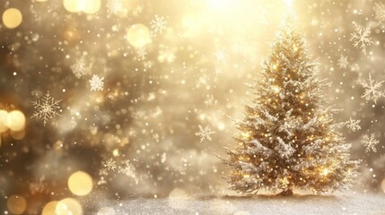 Naklejka premium Enchanted Yuletide Tree. Christmas gold background with a magical tree covered in snowflakes and sparkling lights. Generative AI