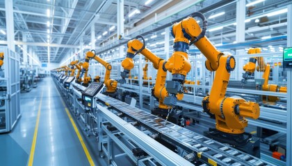 High-tech factory floor featuring robotic arms and autonomous mobile robots (AMRs) controlling assembly lines