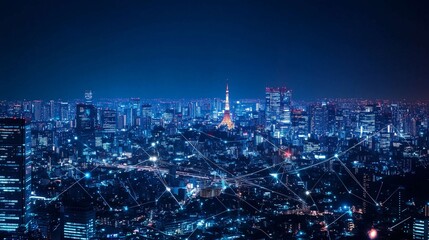 Network of interconnected nodes is spanning across a high tech cityscape at night, symbolizing the concept of smart cities and internet of things