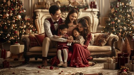 Fototapeta premium Happy family in elegant attire poses on a vintage sofa in a festive living room for christmas, radiating joy and togetherness