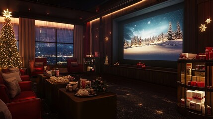 Luxurious home theater room decorated for christmas with a lit christmas tree, gifts and snacks on the tables, ready for a festive movie night