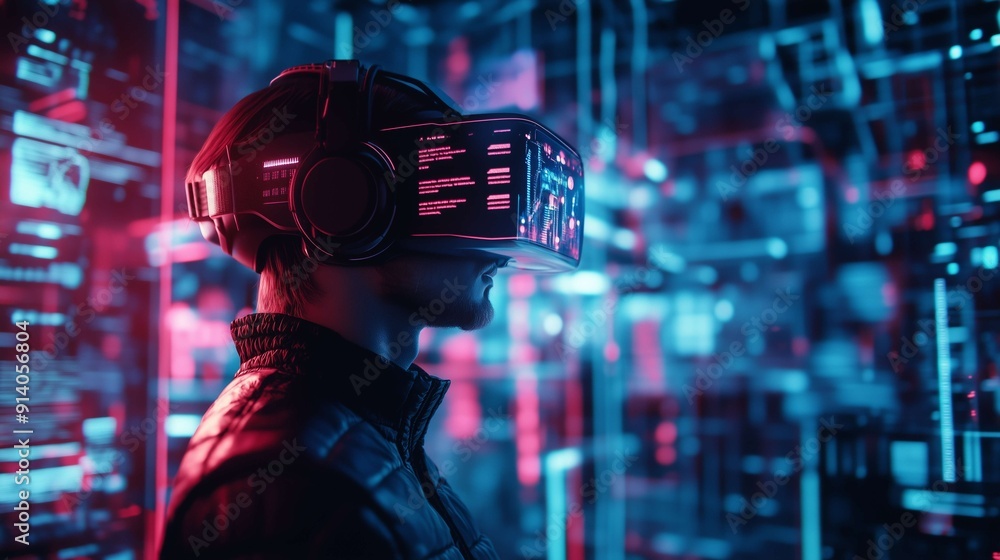 Poster software developer wearing vr headset working with