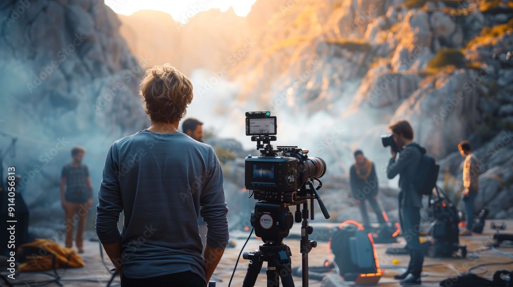 Poster camera operator standing on movie set filming