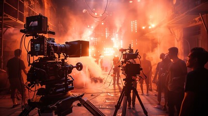 Fototapeta premium Film crew shooting movie scene on set with