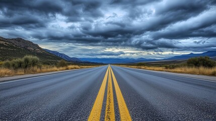 Naklejka premium Empty highway leading to mountains under dramatic