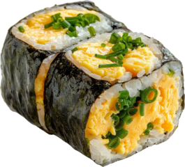 Delicious tamago egg sushi roll garnished with green onions. Perfect for Japanese cuisine menus and food blogs.