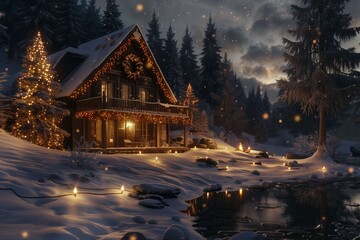 Wooden chalet decorated with christmas lights
