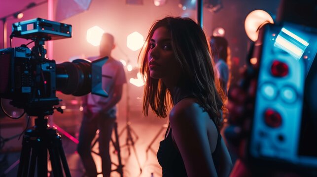 Young woman posing on set during music video shoot