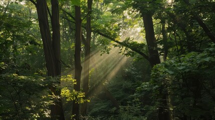 Fototapeta premium Sunlight filtering through green leaves in a forest, creating a tranquil and serene atmosphere. Nature's beauty and peace concept.