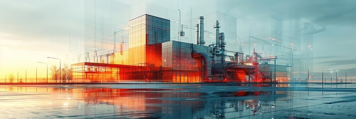 Futuristic Cityscape with Glass Buildings and Industrial Structures