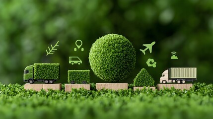 Eco-Friendly Transportation and Logistics Concept with Green Trucks and Sustainable Icons
