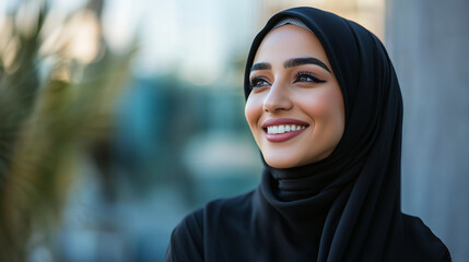 Smiling Modern Arab woman looking away with positive thoughts wearing hijab. Emirati on Abaya traditional clothing in the Middle East