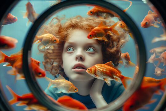 A serious girl with red hair watches the goldfish swimming in the aquarium against a blue background. Childhood.