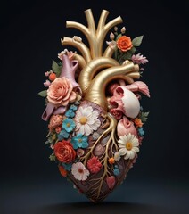 A golden heart adorned with detailed floral patterns and seashells, symbolizing deep love in a photorealistic surreal style.