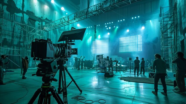Film crew is preparing a movie set with lights and