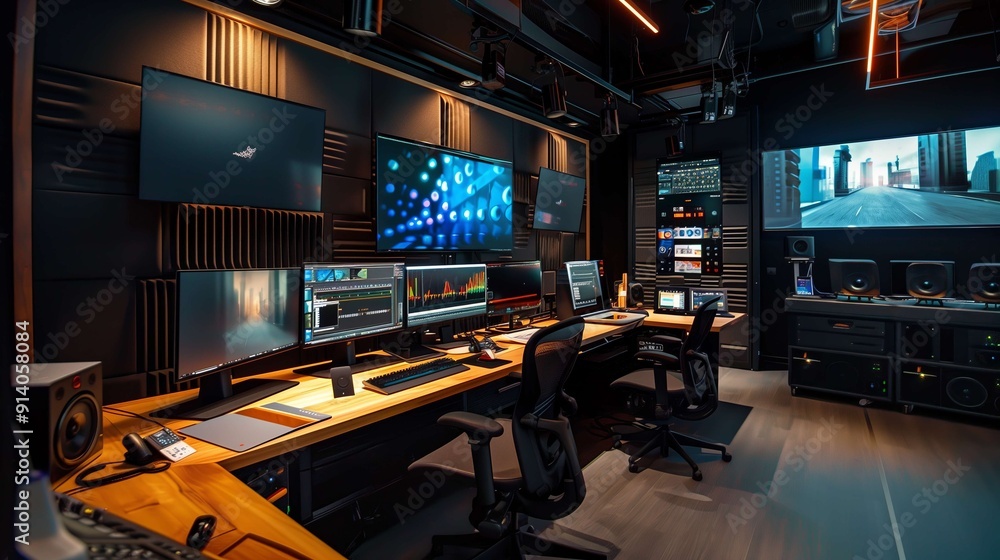 Poster modern video editing suite showing multiple