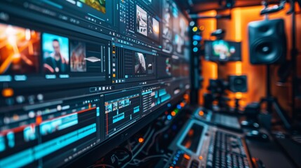 Video editor working with footage on professional