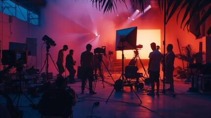 Film crew preparing lighting and camera equipment