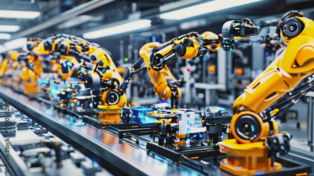 Aufkleber high-tech robotic arms efficiently assembling components in a bustling manufacturing environment