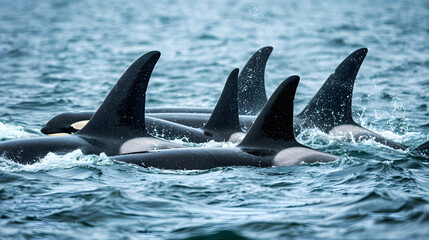 Fototapeta premium A group of orcas swim together in the vast, blue ocean, hunting for their next meal.