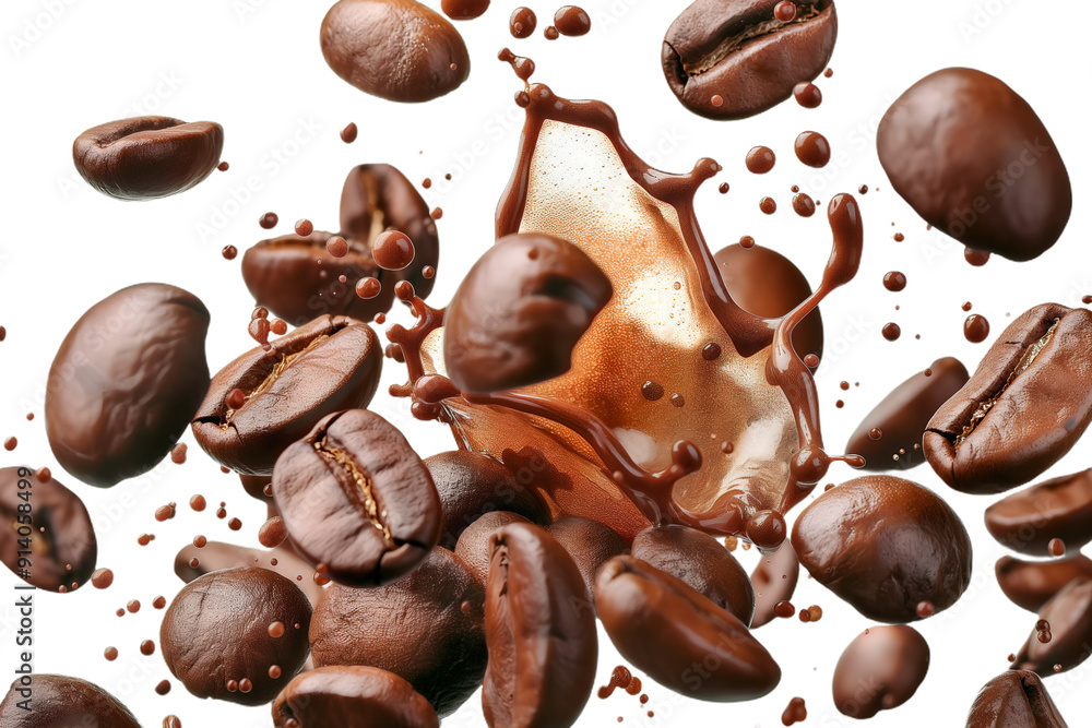 Poster close-up of coffee beans splashing into a dark liquid, creating a dynamic and delicious scene.