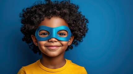 A Young Boy Wearing A Blue Superhero Mask Smiles At The Camera