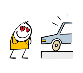 Stickman looks with loving eyes at the new model of the car at the exhibition. Vector illustration of  delighted chauffeur and heart-shaped eyes. Funny character,   customer at a car dealership.