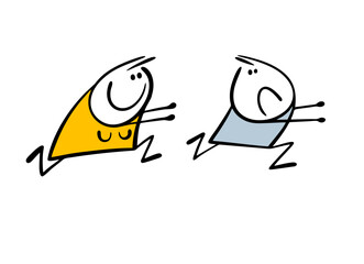 Persistent woman is in love and chasing her boyfriend. Vector illustration of a funny couple. The unfortunate stickman is running away from crazy girl. Female character wants to get married.