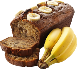 A freshly baked loaf of banana bread with sliced pieces and fresh bananas.