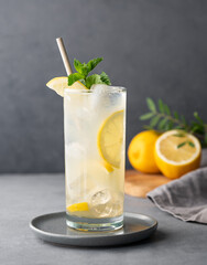 Freshness mojito drink with lemon, mint and ice. Citrus lemonade on a dark background with napkin...