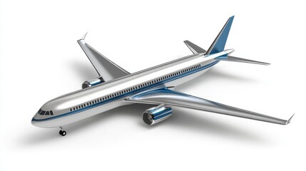 3D Silver & Blue Airplane Render - Isolated on White Background