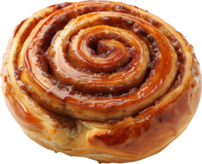 Closeup of a freshly baked cinnamon roll with a glossy glaze.