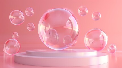 Transparent spheres floating above a pink platform, set against a pastel pink background.