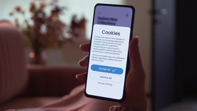 Accept web cookies on a smartphone. General Data Protection Regulation GDPR in the EU. Fictional Interface.