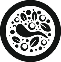 Black and white icon of a spicy dish with a chili pepper, herbs, and spices